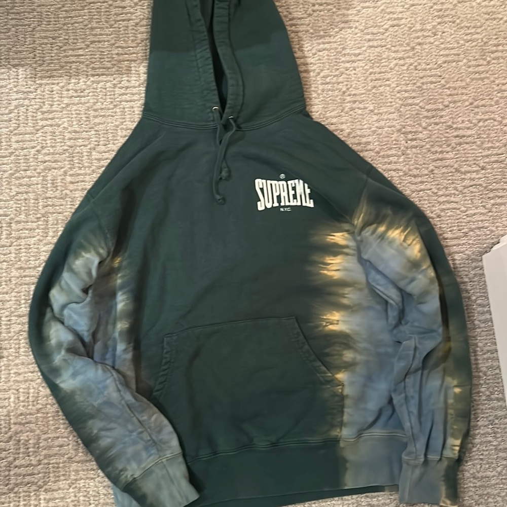 Tie dye green, blue, and hints of yellow supreme hoodie